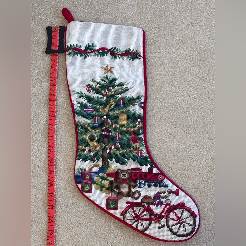 Lands’ End Needlepoint Christmas Stocking - Toys: Bicycle and Train